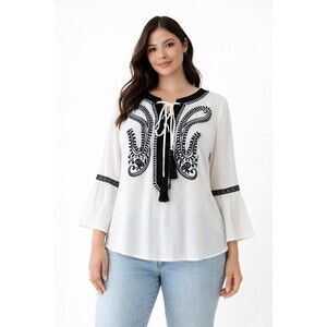 ILLA ILLIA Women's M White Black Embroidered Tassels Bell Sleeve Boho Blouse